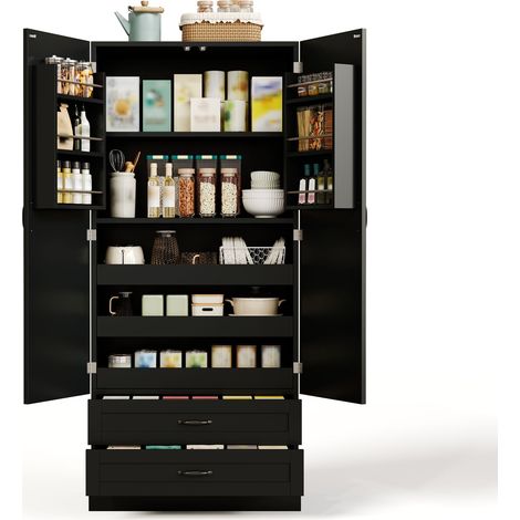 Buffet haut de cuisine Noir,meuble de rangement moderne,avec 2 portes,2 tiroirs,portes vitrées,80x37.5x180cm (1/5)