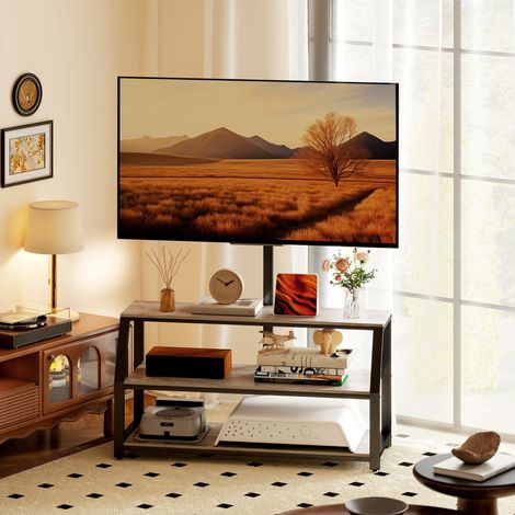 Meuble TV gris 110x43x150 cm, pied pour téléviseur jusqu'à 72 pouces, rangement avec 2 niches ouvertes, meuble design pour salon. (1/5)