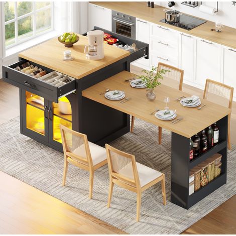 Îlot de cuisine en MDF noir 126-196 x 59 x 94 cm, plateau extensible, 2 tiroirs, portes en verre rainuré, LED RGB (1/5)