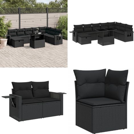 Salon de jardin 9 pcs avec coussins noir résine tressée - Ensemble Salon De Jardin - Mobilier De Jardin - Table Extensible - Chaise Pliante - Fauteuil Lounge - Home & Living (1/5)