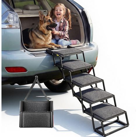 VEVOR Hundetreppe Auto Klappbar 5-Stufig, Extra Breite Hunderampe für Große Hunde mit Weichem Filzteppich, Tragbare Einstiegshilfe für Auto, SUV, LKW, Hochbett, Sofa, Tragkraft bis 90 kg (1/5)