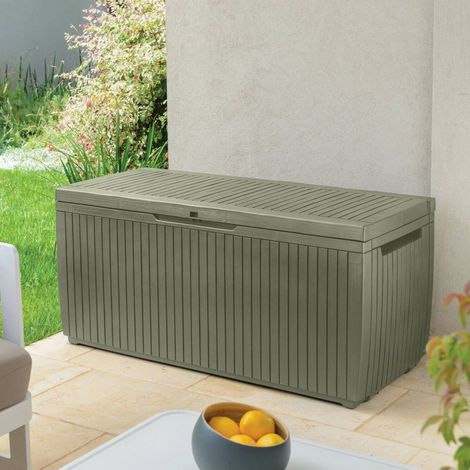 Dmora - Aufbewahrungstruhe für draußen Burlington, Gartenbox, Outdoor-Truhe, Stauraumbank für außen, 123x54 h57 cm, Grün (1/5)