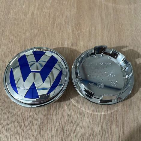 Cache moyeu de roue compatible Volkswagen avec logo Wolfsburg, emblème central jante effet chromé bleu, capuchon de centre roue pour Passat, Touran, Golf, 65 mm, lot de 4 pièces (1/2)