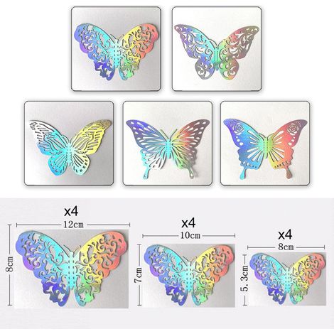 Lot de 12 papillons 3D holographiques argentés, autocollants muraux décoratifs pour fête et maison, modèle B, 12 pièces. (1/4)