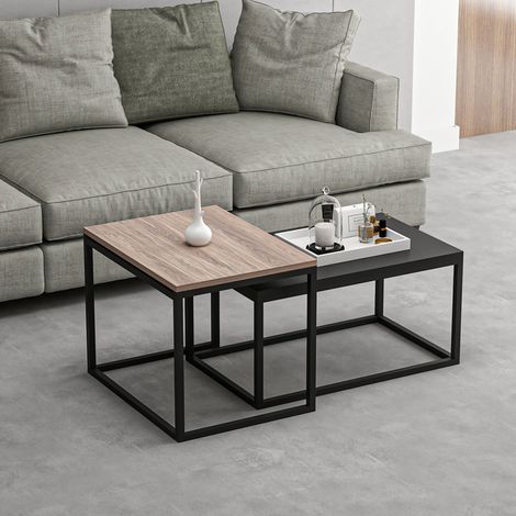 Satztisch Aabenraa im 2er Set Eiche / Schwarz [en.casa]