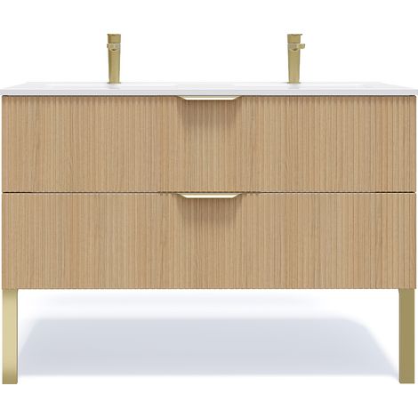 Homifab – Meuble de salle de bain suspendu double vasque 120cm – 2 tiroirs – Chêne cannelé – Finition mate – Poignées dorées brossées (1/5)