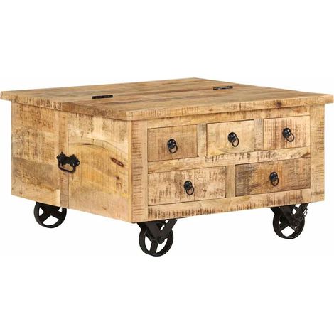Mesa de centro con ruedas con 5 cajones y 1 compartimento grande, estilo rústico vintage, fabricada en madera de mango, 70 x 70 x 40 cm DEC038233