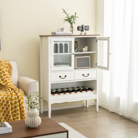 Buffet de Cuisine à 2 Portes vitrées avec 2 Tiroirs Porte-Bouteilles Meuble de Rangement Étagère Réglable Dispositif Anti-basculement 90x40x126,5cm Blanc Maison Chic (1/4)