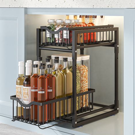 Organisateur Coulissant 2 Niveaux en Métal Noir, pour Sous-Évier et Placard, Rangement pour Produits de Nettoyage et Épices (1/3)