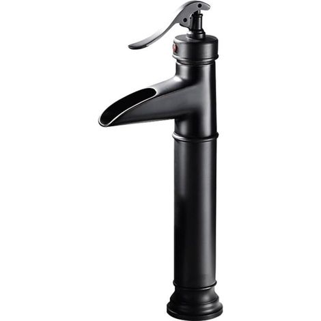 Rubinetto monocomando a cascata per lavabo, nero opaco, altezza 28 cm, finitura cromata, per installazione a incasso o su piano.