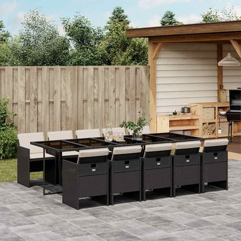 11-tlg. Garten-Essgruppe mit Kissen Schwarz Poly Rattan (1/5)