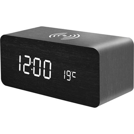 Reloj despertador digital LED con carga inalámbrica, reloj despertador digital y cargador Qi en uno, negro. (1/5)
