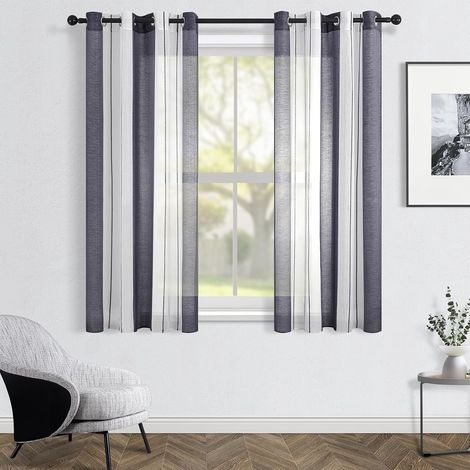Lot de 2 Rideau Voilage Imprimes Rideaux pour Fenetre de Salon Moderne Cuisine Chambre Adulte à Oeillets Panneaux de Rideaux Intérieurs Court Semi-Transparent Blanc+Gris Rayures 140x145 (1/5)