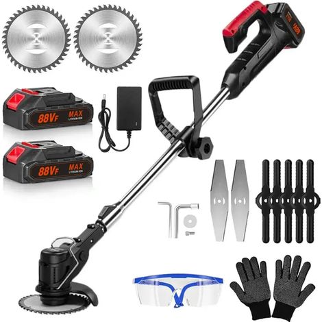Coupe-bordures électrique sans fil, tondeuse de jardin avec 2 batteries et chargeur, angle de coupe réglable à 180°, poignée télescopique et poignée auxiliaire ergonomique (1/5)