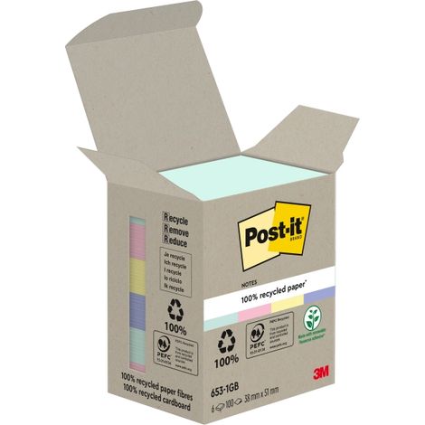 PACK 6 BLOCS 100 HOJAS NOTAS RECICLADAS ADHESIVAS 38X51MM COLORES SURTIDOS CAJA CARTÓN 653-1GB POST-IT 7100259445