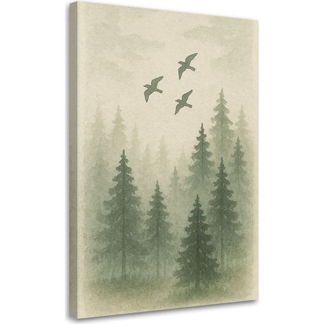 Wandbild Japandi Kiefern Vögel Wald Aquarell Grün Natur 40x60 cm (1/5)