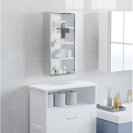 Armoire à pharmacie en acier inox argent 30 x 12 x 60 cm avec porte en verre satiné et serrure (1/5)