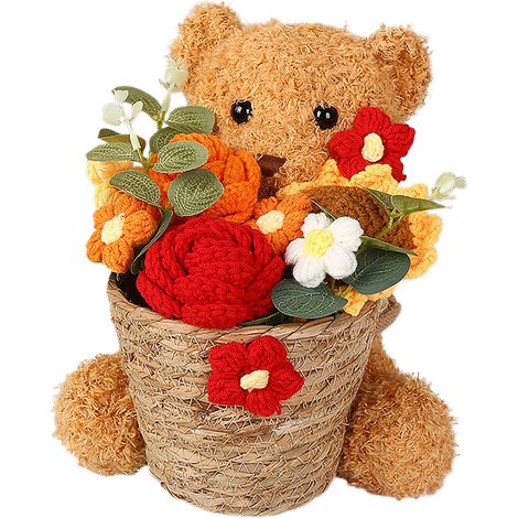 Pot de fleurs en forme d'ours tricoté motif floral rouge décoration intérieure cadeau idéal pour anniversaire ou Saint-Valentin (1/5)