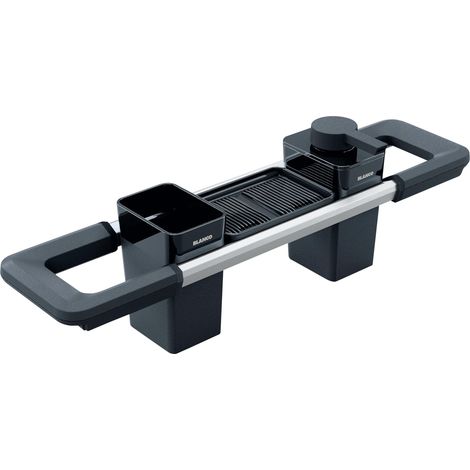 Organiseur de bureau - Rail extensible de 396 à 440 mm pour évier - Ustensiles de cuisine parfaitement organisés - Distributeur de savon pour liquide vaisselle, récipient de nettoyage et bac (1/5)