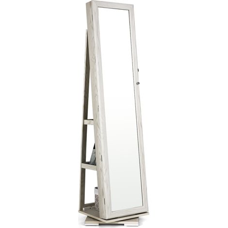 Armoire à bijoux blanche 2 en 1 avec miroir en pied, base rotative 360 , fermeture à clé et rangements pour chambre et salon (1/5)