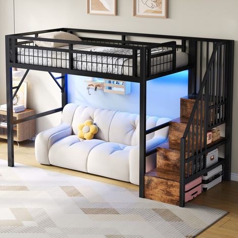Lit Mezzanine 90x200 cm - Lit Enfant Escalier Rangement, LED App, Espace Libre Sous Lit - Métal & MDF - Noir (1/5)