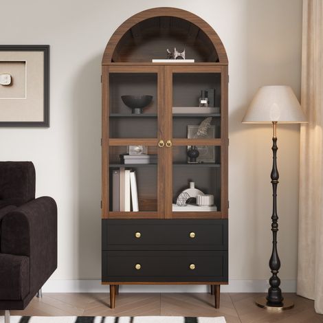 Commode-buffet-luxe-armoire-rangement-modern-rétro-verre-bombé-étagères-réglables-70x38x168cm (1/5)