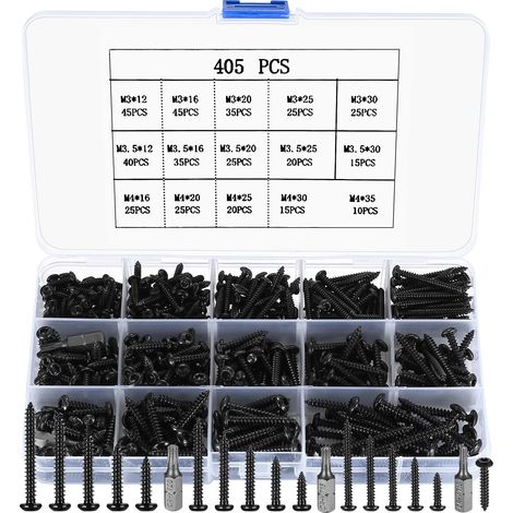 405 Pièces vis torx noires à tête ronde M3-M4, kit autotaraudeuses (1/5)