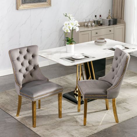 Lot de 2 Chaises de Salle à Manger Collection Nikki Haut de Gamme en Bois Massif Capitonné Velours, Pieds Acier Inoxydable Doré Garniture Cloutée, Style Contemporain Élégant Gris et Or (1/4)