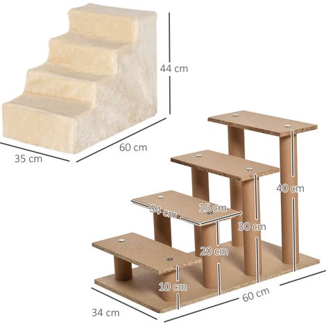 Escalier pour animaux 4 marches, rampe chien avec housse amovible, marche chat, échelle animalière en panneau de particules, peluche beige, 60 x 35 x 44 cm (1/5)