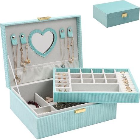 Boîte à bijoux pour femmes et filles, boîte de rangement de bijoux, grande boîte à bijoux en velours à 2 niveaux pour bagues, colliers, bracelets, montres, boucles d'oreilles (vert) (1/4)