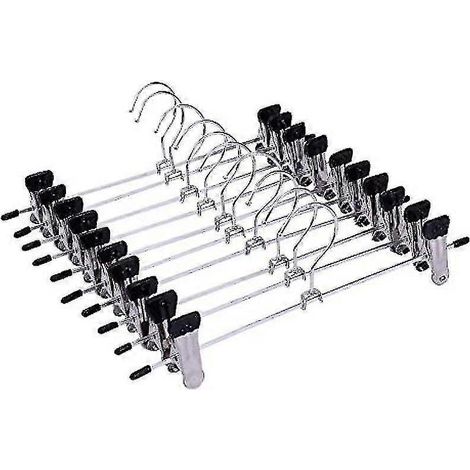 Lot de 10 cintres métalliques pour vêtements et pantalons (2024)  Largeur : 28,5 cm  Pince caoutchoutée  Pince métallique  Cintre antidérapant pour jupes  Extenseur de pantalons