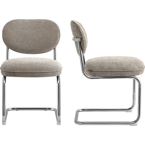 Lot de 2 chaises de salle à manger en tissu chenille taupe, piètement chromé - Lou