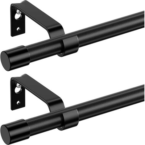 Curtain Rod for Windows 68 to 124 cm, Set of 2 Black Curtain Rods, Diameter 16 mm, Metal Curtain Rod with Brackets, Adjustable for Bedroom, Living Room, Kitchen, Black (1/5)