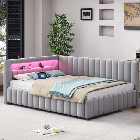 Bett Schlafsofa in L-Form 140x200 cm aus Samt Grau mit Kopfteil, Rückenlehne, Lattenrost, LED und USB (1/5)
