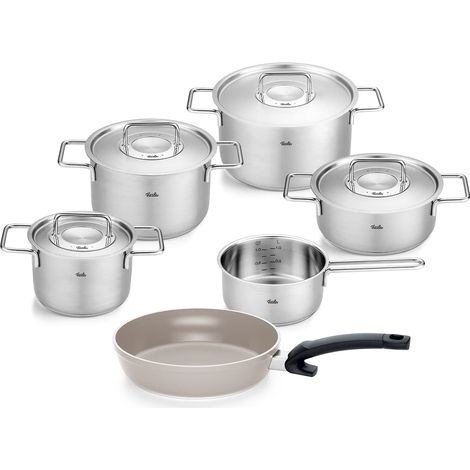Fissler Pure Collection - Set di pentole in acciaio inox, 6 pezzi, pentole con coperchi in metallo (3 pentole, 1 padella, 1 casseruola, padella Ceratal Comfort 24 cm), compatibile induzione (1/5)