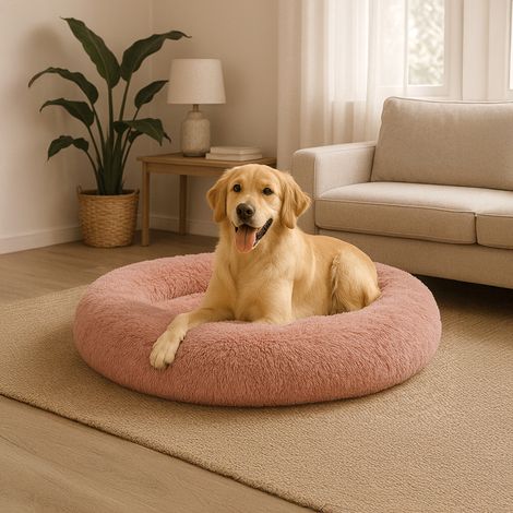 belviona Donut-Hundebett, kuscheliges Plüschbett mit weicher Füllung, sicherem Halt & ergonomischem Rand, 100 cm Durchmesser, altrosa (1/4)