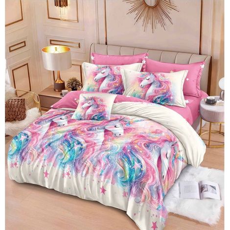 Parure de lit pour 2 personnes, FINET, 6 pièces : drap-housse 180x200 cm, housse de couette 200x230 cm, 2 taies d’oreiller 70x70 cm, 2 taies d’oreiller 55x75 cm, motif licornes, crème-blanc-rose (1/5)