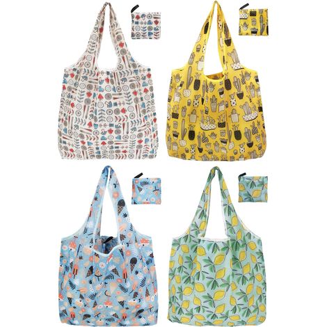 Sacs de courses pliables et réutilisables, lot de 4 – légers, compacts et parfaits pour les motifs d'été.