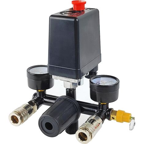 Pressostat pour compresseurs, 230 V, 12 bar, avec manomètres et raccords rapides (1/5)