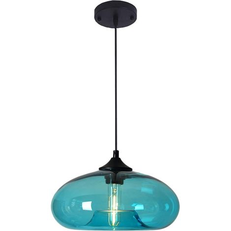 Suspension Industrielle Vintage Ronde Verre Coloré, Lampe Suspendue au Plafond Retro Loft Bar E27, Lustre Pour Cuisine//Manger Chambre (Turquoise) (1/4)