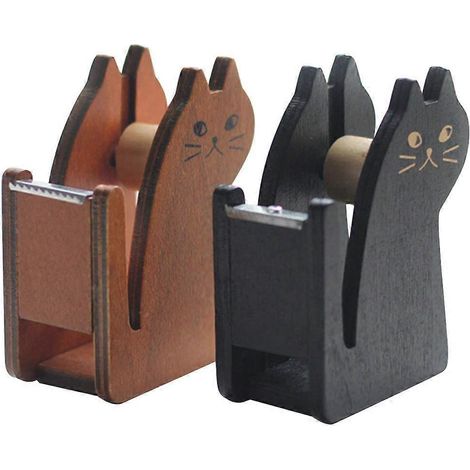 Set mit 2 Klebebandabrollern - Vintage-Tischklebebandabroller aus Holz in Katzenform (schwarz und braun)
