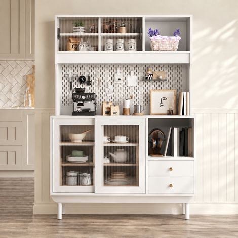 Buffet de cuisine, Vaisselier haut pour salon et salle à manger avec panneau perforé, 4 portes coulissantes en verre cannelé et 2 tiroirs en MDF et pieds en pin 120x45x170 cm, Blanc (1/5)
