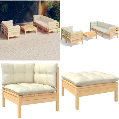 Salon de jardin 6 pcs avec coussins crème bois de pin - Salon De Jardin - Mobilier De Jardin - Ensemble De Salon - Meubles De Terrasse - Chaise Longue - Home & Living (1/5)