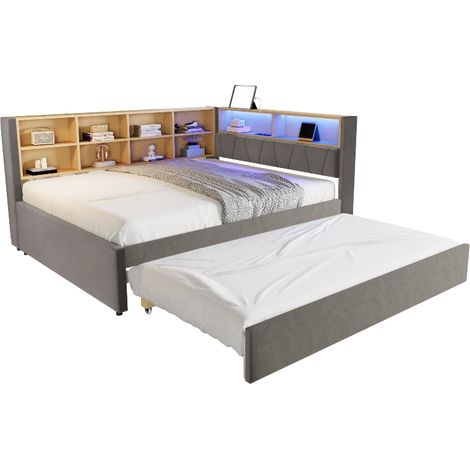 Multifunktionales Schlafsofa 140x200 cm mit Ausziehbett 90x190 cm, LED-Beleuchtung, Steckdosen und Stauraum, Polsterbett aus Flanell, Dunkelgrau (1/5)
