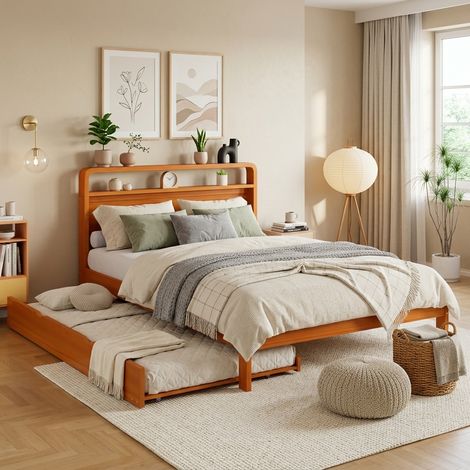 Cama de adulto de 140x200 cm con cama nido de 90x190 cm, cabecero redondeado, madera natural (1/5)