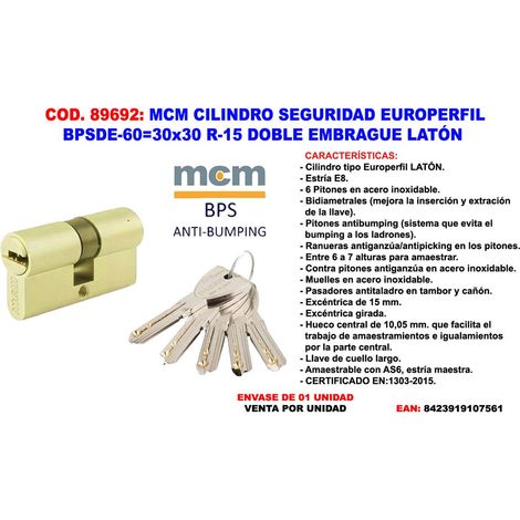 Cylindre de sécurité à double embrayage MCM 30x30 R-15 en laiton