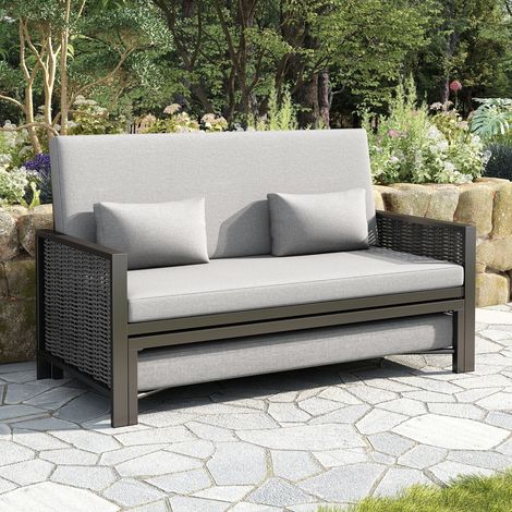 Canapé de jardin 2 places, dossier réglable 5 positions et repose-pieds rabattable, convertible en bain de soleil, gris (1/5)