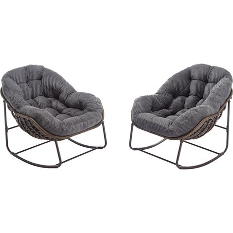 Chaise à bascule d'extérieur en résine tressée grise avec coussin, structure acier, format XL 78 × 106 × 90 cm, charge 113 kg, CHICFURN