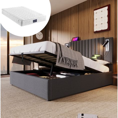 Bett 140x200 cm grau aus Baumwolle mit Stauraum, USB-C, Leselicht und Matratze (1/5)