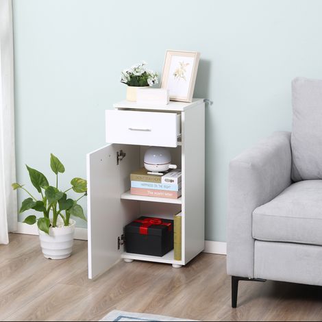Meuble sur pied colonne bas salle bain placard porte étagère tiroir coulissant bois blanc. Rangement pratique pour votre salle d'eau, fonctionnel et bien agencé. (1/5)